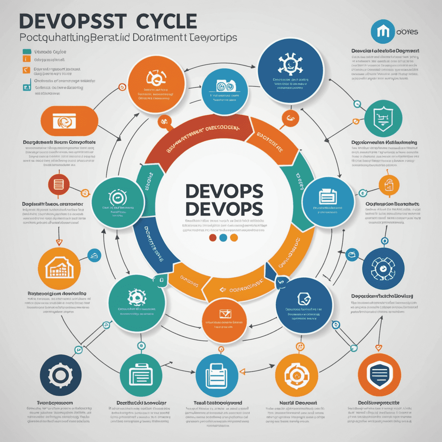 Infografika przedstawiająca cykl DevOps z etapami: planowanie, kodowanie, budowanie, testowanie, wdrażanie, operacje i monitorowanie