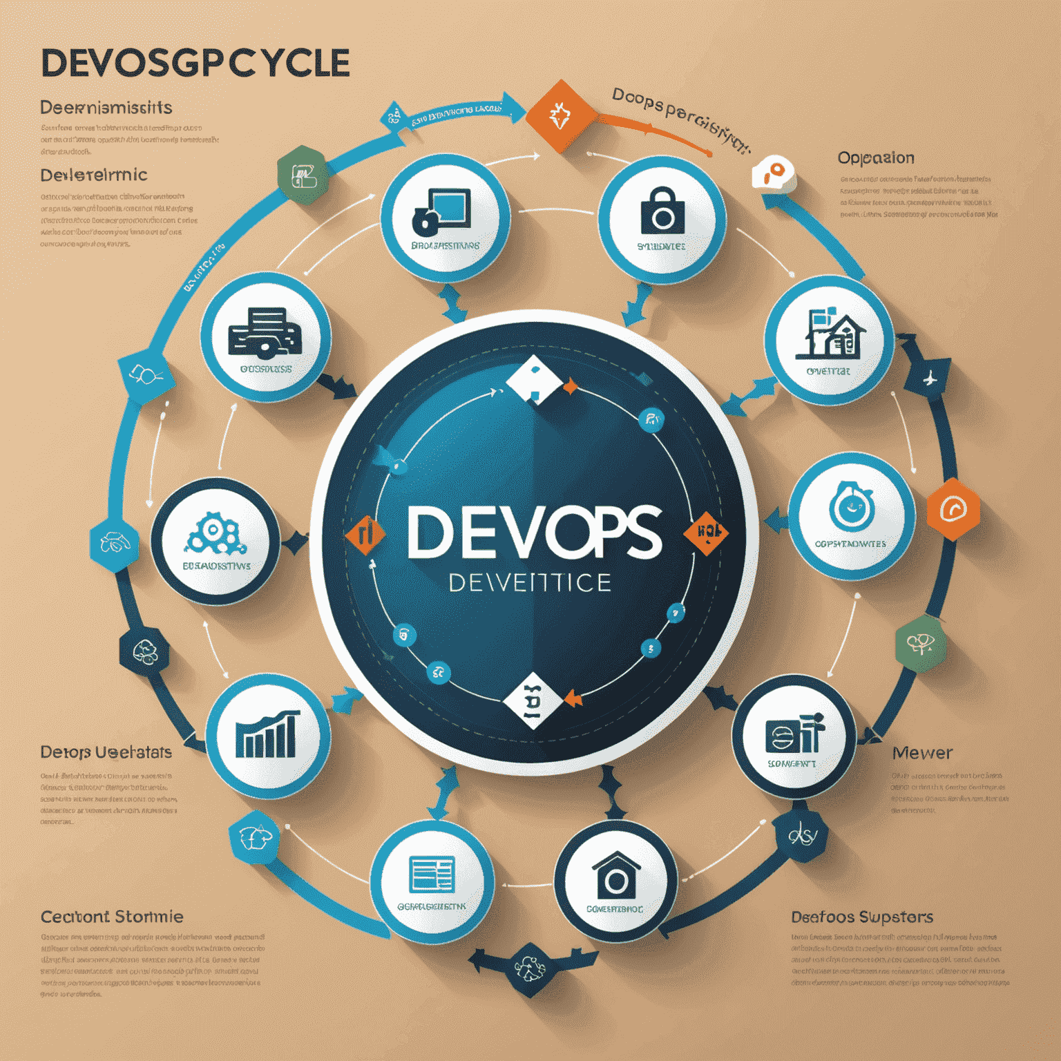 Infografika przedstawiająca cykl DevOps, łącząca elementy rozwoju oprogramowania i operacji IT w jedną płynną pętlę